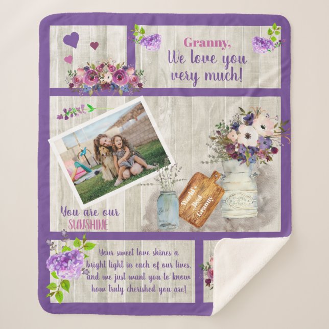 Couverture Sherpa Granny We Love You Photo Floral | Texte en bois (Devant)