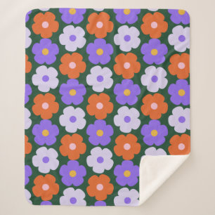 Couverture Sherpa Gras les années 70 Fleur rétro Motif violet vert d