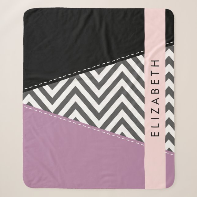 Couverture Sherpa Grey Zigzag, Grey Chevron, Purple, Votre Nom (Devant)