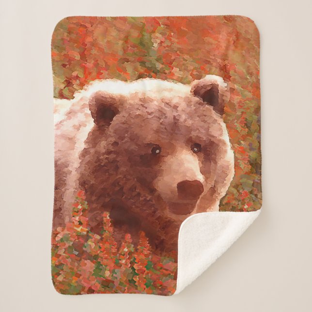 Couverture Sherpa Grizzly Bear Cub dans Fireweed Peinture Art de la  (Devant)