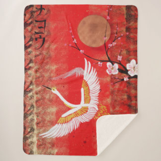 Couverture Sherpa Grue japonaise soleil Japon sakura rouge Blanche