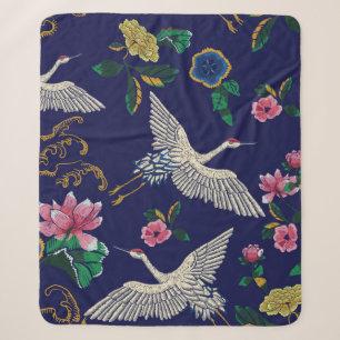 Couverture Sherpa Grues japonaises, vagues et fleurs. Broderie