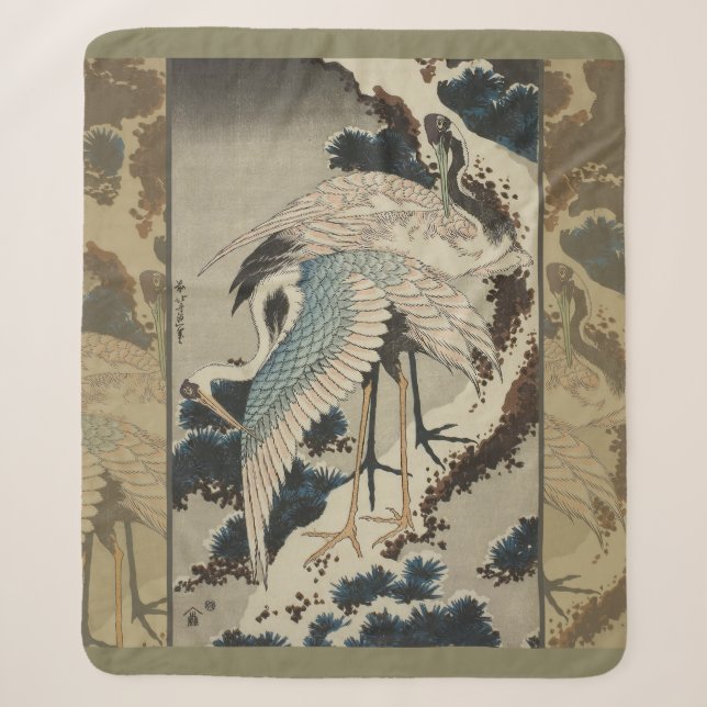 Couverture Sherpa Grues sur un pin couvert de neige Hokusai (Devant)
