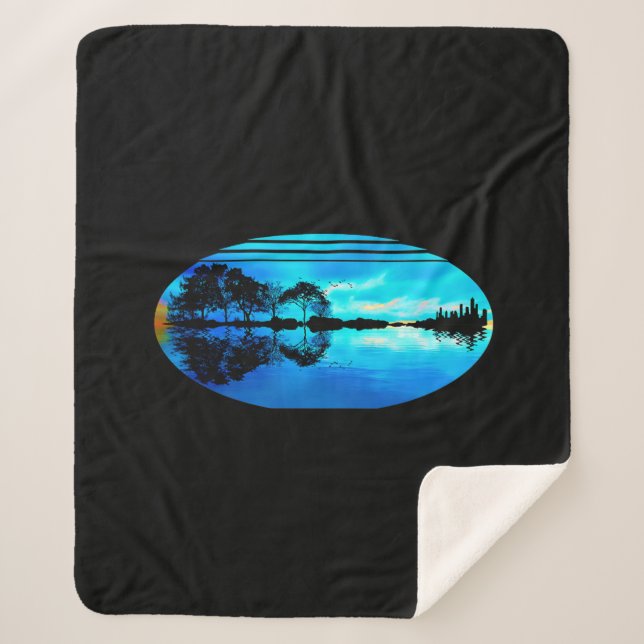 Couverture Sherpa Guitare Sunset Sky Trees City Lake Réflexion (Devant)