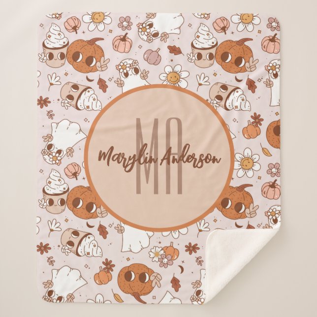 COUVERTURE SHERPA HALLOWEEN RETRO CITROUILLES SUPER ET GHOSTS (Devant)