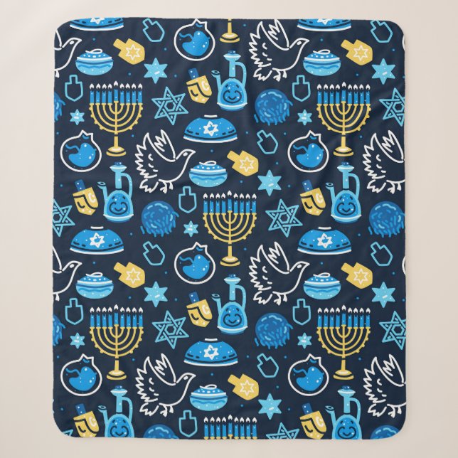 Couverture Sherpa Hanoukka Symboles Motif bleu (Devant)