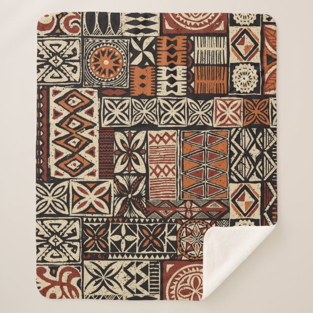 Couverture Sherpa Hawaiian style tapa tribal fabric abstract patchwo (Devant)