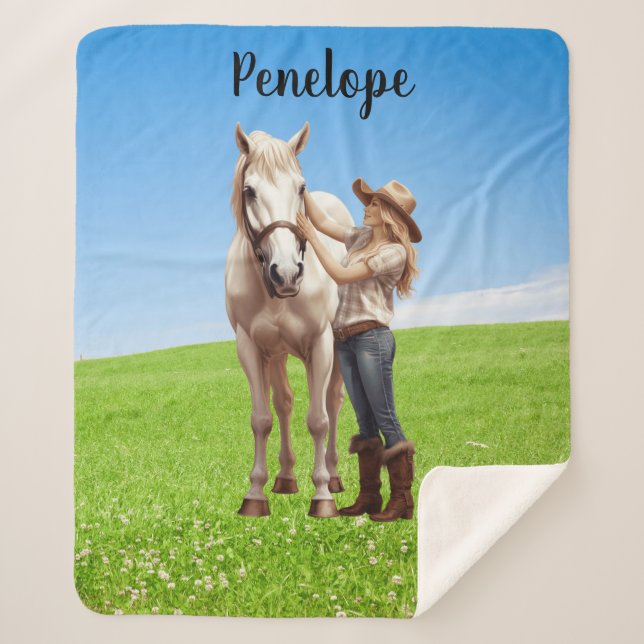Couverture Sherpa Horse Girl Horseback équitation Meadow Personnalis (Devant)