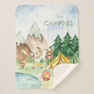 Couverture Sherpa I Love Camping Bois Animaux Enfants Aquarelle