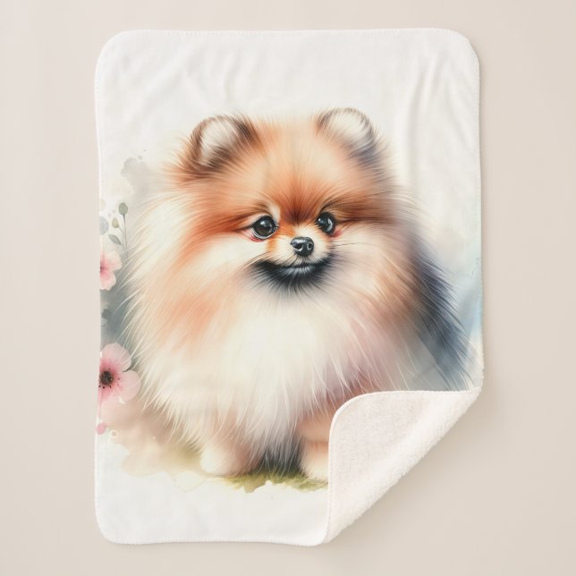Couverture Sherpa Image d'aquarelle mignonne Pomeranian (Devant)