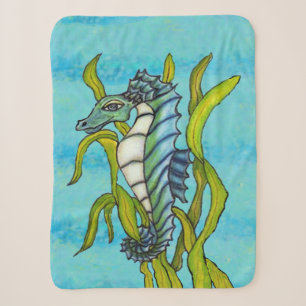 Couverture Sherpa Imaginaire Aqua Blue White Seahorse dans Green Sea