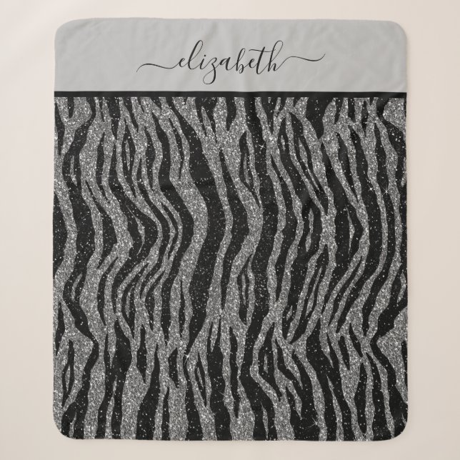Couverture Sherpa Imprimé zèbre monogrammé noir et gris argenté (Devant)