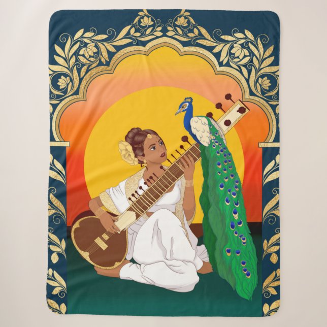 Couverture Sherpa Indian girl playing sitar with a peacock (Devant)