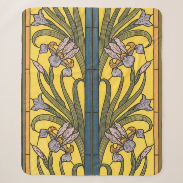 Couverture Sherpa Iris Fleur Art Nouveau Vitrail Bleu Or (Devant)