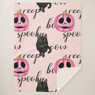 Couverture Sherpa Jack-O-Lantern rose et chat noir