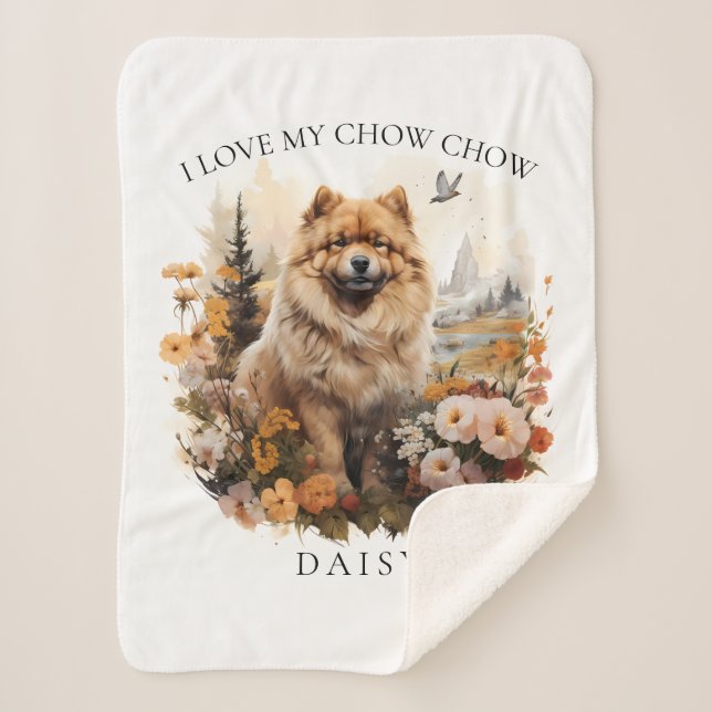 Couverture Sherpa J'Aime Mon Chow Chow Portrait Floral Chien (Devant)