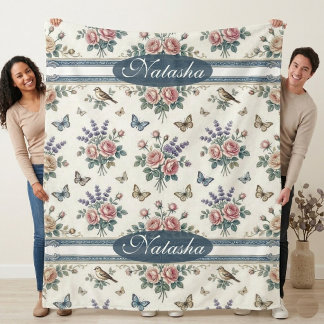 Couverture Sherpa Jardin anglais victorien vintage papillons oiseaux