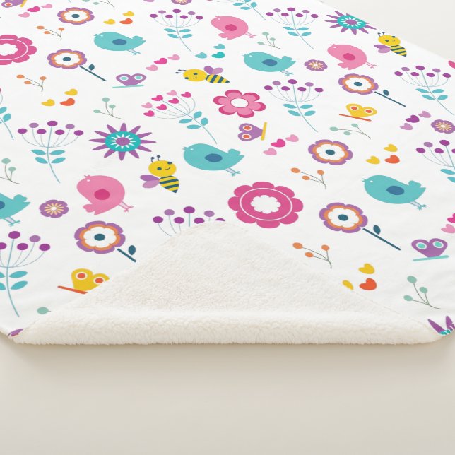 Couverture Sherpa Jardin aux fleurs mignonnes avec les oiseaux et le (3/4)
