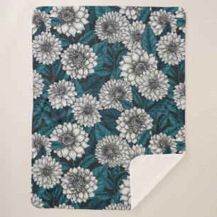 Couverture Sherpa Jardin blanc Dahlia / feuilles bleus 2