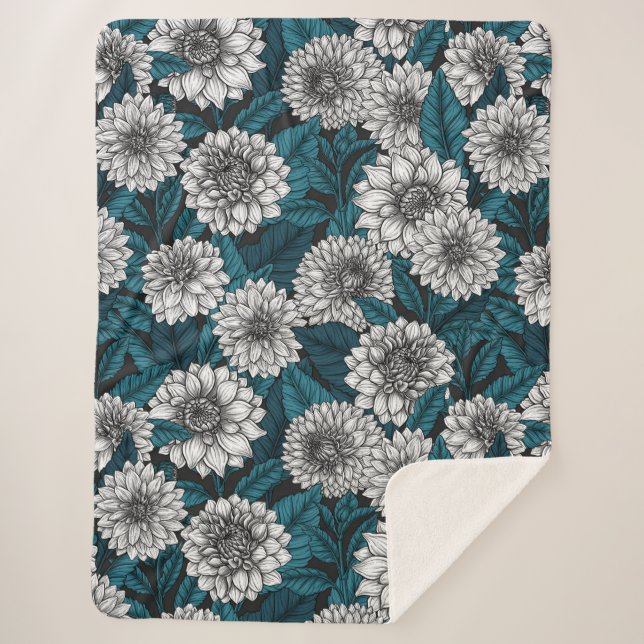 Couverture Sherpa Jardin blanc Dahlia / feuilles bleus 2 (Devant)