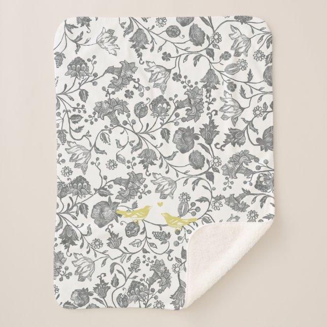 Couverture Sherpa Jaune Gris Blanc Floral Oiseau Ferme Motif (Devant)