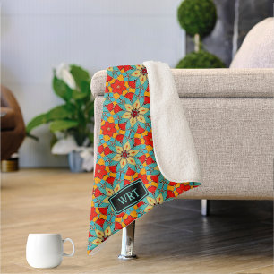 Couverture Sherpa Joli carreaux de verre rétro Fleur Turquoise