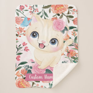 Couverture Sherpa Joli Chat Roses Roses Rouges Fleurs Nom Personnali