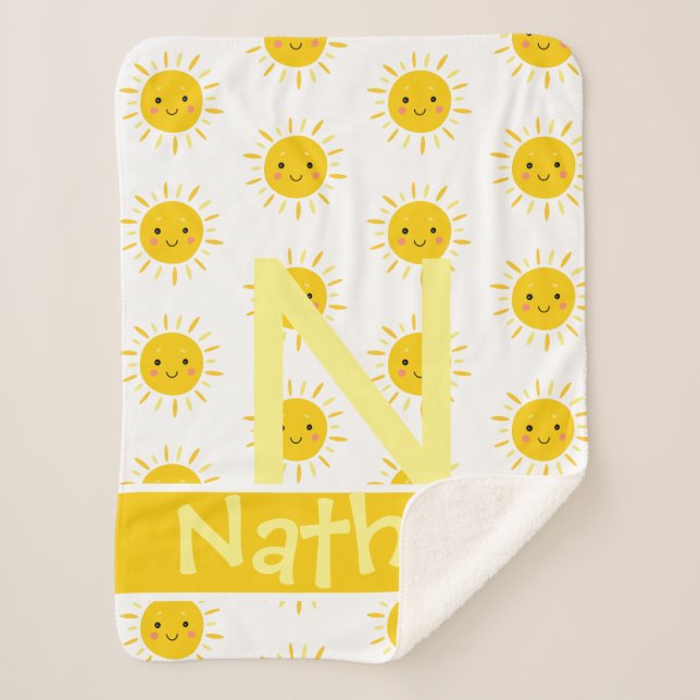Couverture Sherpa Joli Jaune Souriant Soleil Monogramme Nom Bébé (Devant)
