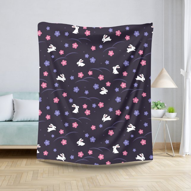 Couverture Sherpa Joli lapin blanc lapin et Motif de fleurs (Créateur téléchargé)