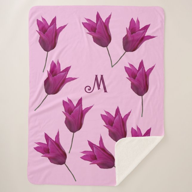 Couverture Sherpa Joli M monogramme joli tulipes rose floral (Devant)