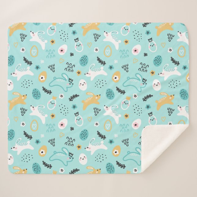 Couverture Sherpa Joli motif de lapin de Pâques Lapins kawaii Œufs (Devant (Horizontal))
