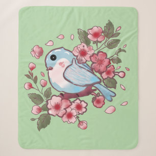 Couverture Sherpa Joli oiseau bleu de printemps et aquarelle de fleu