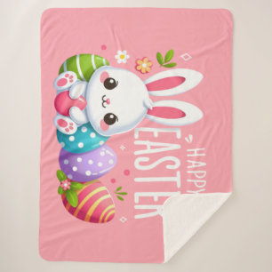 Couverture Sherpa Joli, rose et heureux lapin de Pâques