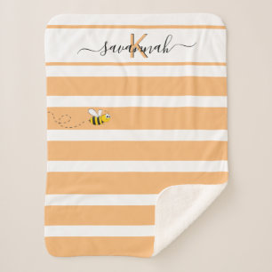 Couverture Sherpa Jolie abeille jaune orange blanc rayures monogramm