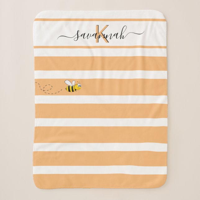 Couverture Sherpa Jolie abeille jaune orange blanc rayures monogramm (Devant)