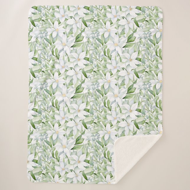 Couverture Sherpa Jolie aquarelle Fleurs blanches Sage Vert Foliage (Devant)