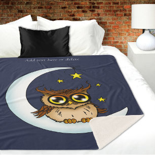 Couverture Sherpa Jolie chouette brune croissant lune étoiles bleues