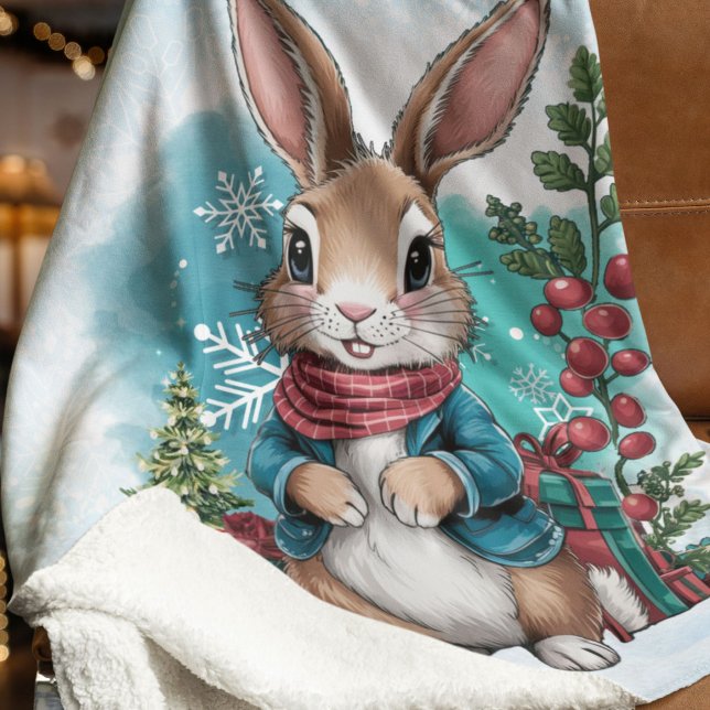 Couverture Sherpa Jour d'hiver du lapin d'eau (Winter Bunny Watercolor Christmas Sherpa Blanket
)
