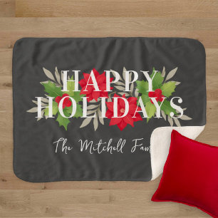 Couverture Sherpa Joyeuses Fêtes au Charbon de Bois Poinsettia Famil