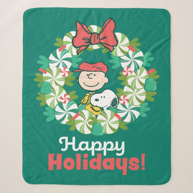 Couverture Sherpa Joyeuses fêtes | Wreath de bonbon de menthe poivré (Devant)