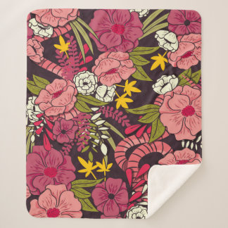 Couverture Sherpa jungle florale avec serpents motif, fleur tropical