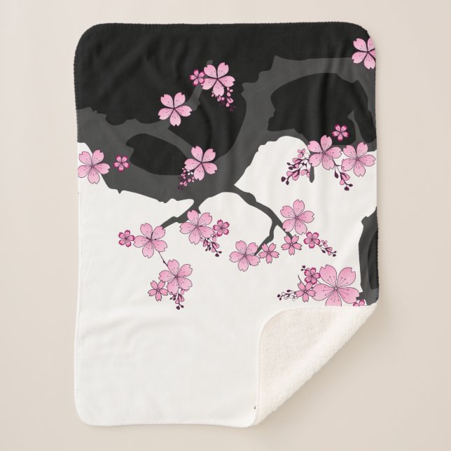 Couverture Sherpa Kimono japonais Sakura noir et blanc (Devant)