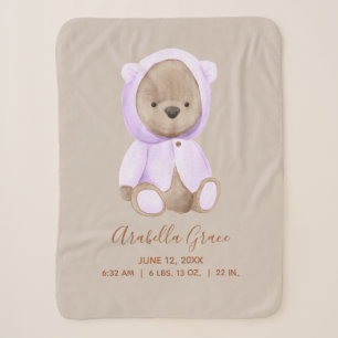 Couverture Sherpa Lavender Teddy Bear Bébé statistiques de naissance