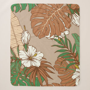 Couverture Sherpa Léopard fourrure tropicale feuille fleurs d'hibisc