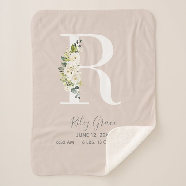 Couverture Sherpa LETTRE Florale Rose BLANC R Script Bébé Statistiqu (Devant)