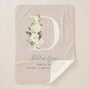 Couverture Sherpa LETTRE Florale Rose BLANCHE D Script Bébé Statisti