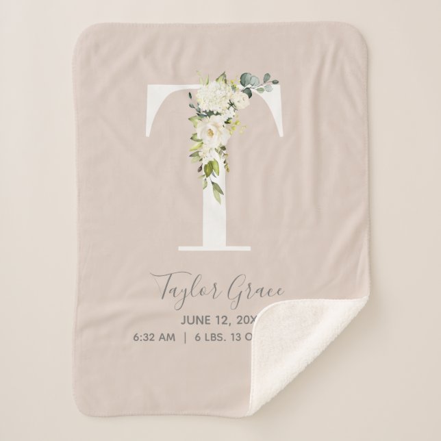 Couverture Sherpa LETTRE Florale Rose BLANCHE T Script Bébé Statisti (Devant)