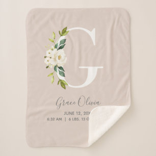 Couverture Sherpa LETTRE Florale rose pâle G Script bébé Statistique