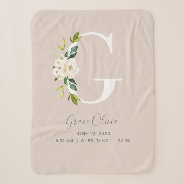 Couverture Sherpa LETTRE Florale rose pâle G Script bébé Statistique (Devant)