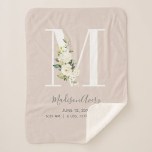 Couverture Sherpa LETTRE Florale rose pâle M Script Bébé Statistique